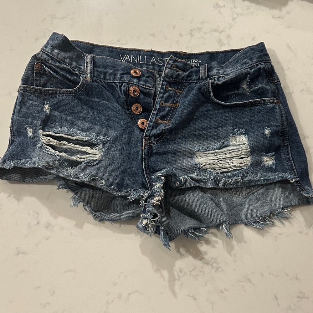 Vanilla Star Women's Ripped Jean Shorts - Dark Blue